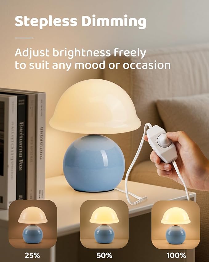 Mushroom Lamp for Bedroom, Cute Small Bedside Table Lamp with Glass Lampshade, Dimmable Nightstand Lamp Mid Century Modern Lamp for Home Living Room Decor (Blue)