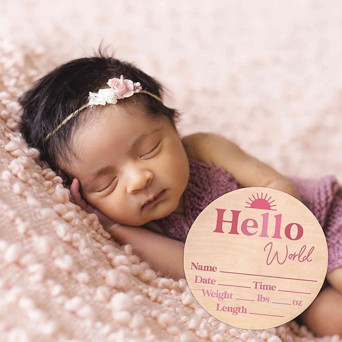 Hello World Newborn Sign - Baby Name Birth Stats Announcement Plaque for Hospital - Photo Prop - Pink Nursery Decor - Shower Gift