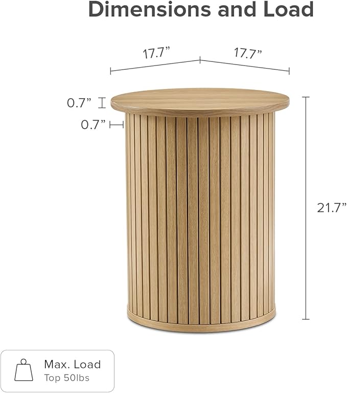 mopio Quin Pedestal Side Table, Tambour Round Fluted End Table, Small Accent Tables for Living Room, Mid Century Modern Night Stand, Circle Bedside Tables, Wood Nightstands for Bedroom (Light Oak)