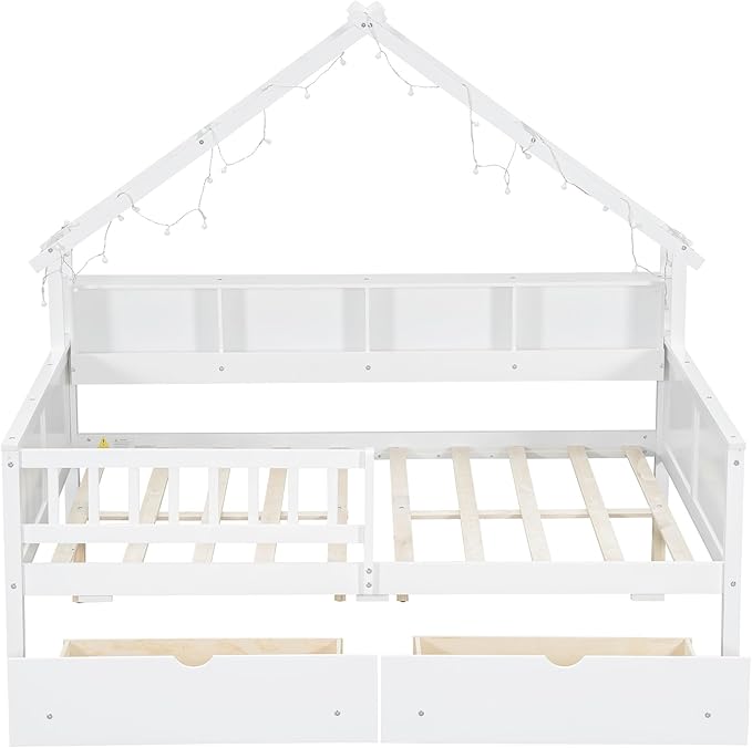 Bellemave Full House Platform Bed with Drawers Wood House Bed with Storage Shelves and LED Lights House Platform Bed Frame for Kids, Teens, Adults, No Spring Box Needed (White)