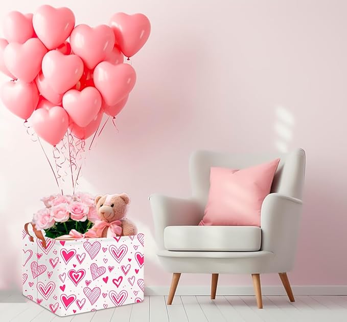 CLOCOR Rectangular Heart Printed Valentine's Day Basket Empty, Gift Basket, Waterproof Storage Basket with Handles, Room Decor(Bright Heart)
