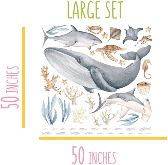 Fish Wall Decals – Octopus Wall Decal & Stickers, Ocean Decal for Nursery Baby Kids Bedroom Bathroom, Large Set (50″ W –50″ H) 40 Pcs