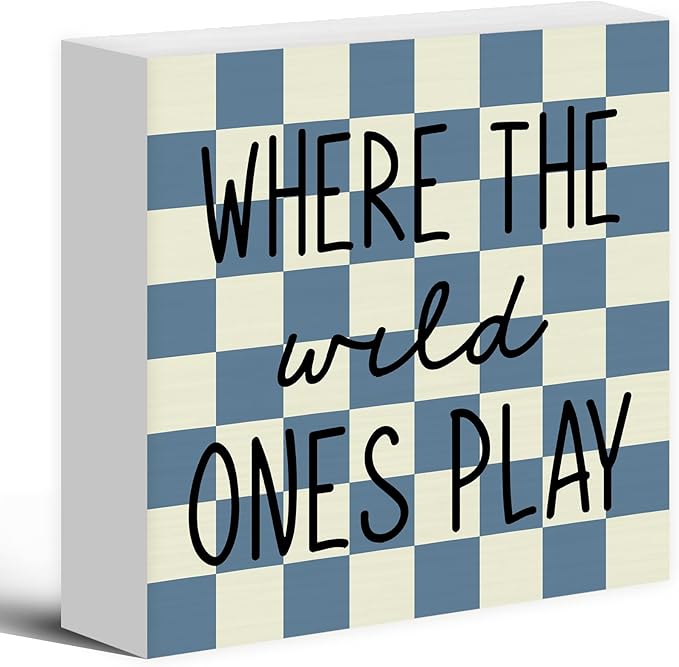 Where The Wild Ones Play Wood Box Sign Desk Decor 5X5, Nursery Kids Room Wooden Block Sign Decorations for Playroom Toddler Boys Room Wall Tabletop Shelf Decor