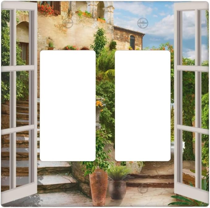 Mediterranean Greece Scene Flowers 2 Gang Double Rocker/Decora Light Switch Cover Decorative Wallplate Italian Town from Another Window Gfci Electrical Faceplate Home Bedroom Art Decor