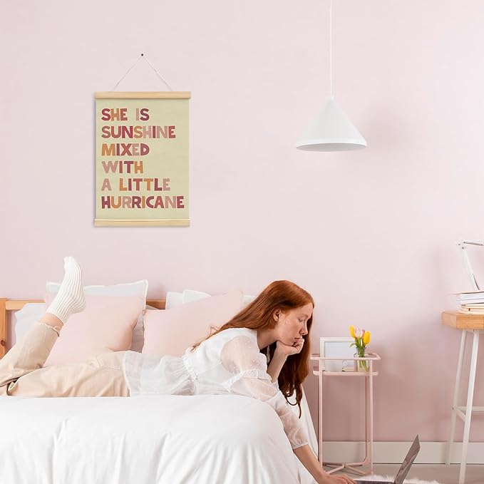 NaZaUK She is Sunshine Poster Hanger Frame, Pink Nursery Wall Art for Girls, Toddler Girl Bedroom Decor, Inspirational Hanging Banner for Baby Girls Room or Playroom, 12x16 Inch