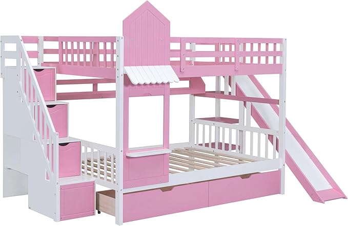 Full-Over-Full Castle Style Bunk Bed with 2 Drawers and 3 Shelves, Wood Bunk Bed Frame with Slide and Storage Staircase for Kids Teens Boys Girls, Maximize Space Savings