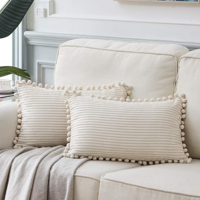 Fancy Homi Pack of 2 Boho Rectangle Decorative Throw Pillow Covers with Pom-poms, Soft Corduroy Accent Solid Cushion Case Set for Couch Sofa Bedroom Car Living Room (12x20 Inch/30x50 cm, Cream)