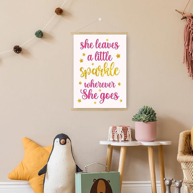 Qswo Inspirational Quotes Wall Decor for Women,She Leaves A Little Sparkle Wherever She Goes Wall Art Poster Hanger Frame,Motivational Hanging Canvas Wall Decor for Girl Room Dorm Home Office