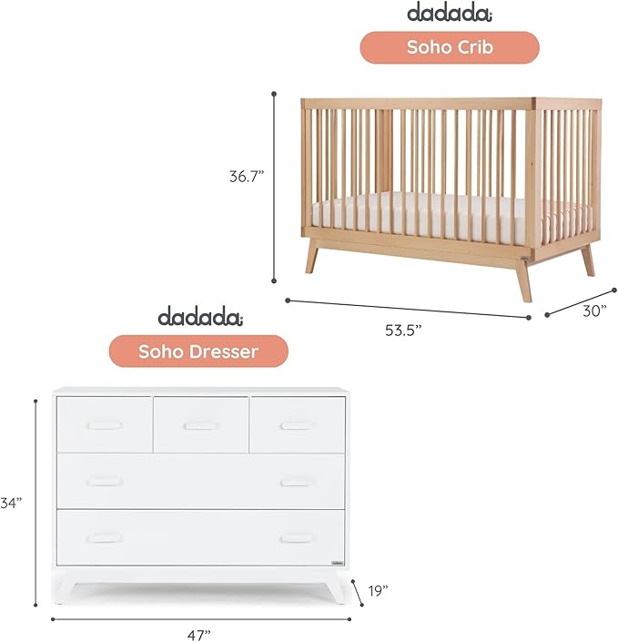 dadada Soho Baby Nursery Furniture Set. Baby Crib and Dresser Set Combo. Soho 3 in 1 Convertible Crib and 5 Drawer Nursery Dresser. White and Natural Beechwood