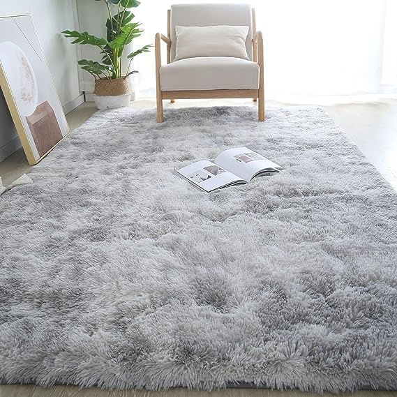 Grey Shag Area Rug 9x12 - Large Soft Plush Grey Rugs for Bedroom Living Room - Non Slip Modern Shaggy Fuzzy Floor Carpet,Tie-Dyed Light Gray,
