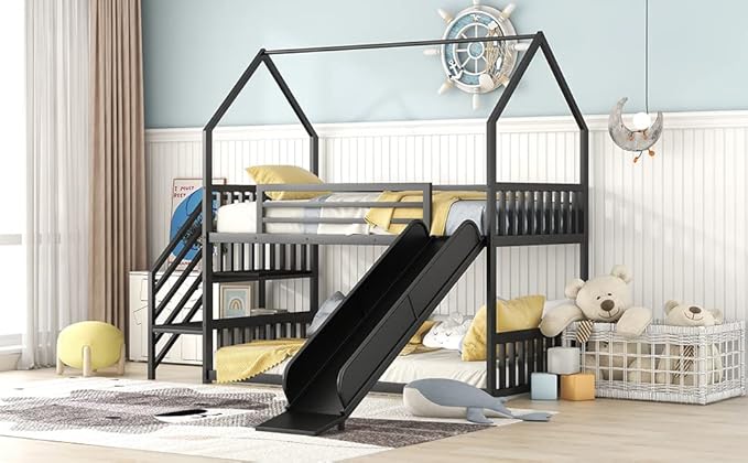 MERITLINE Metal Bunk Bed Twin Over Twin Bunk Bed Frame with Slide and Stairway,Twin Over House Bed with Guardrails