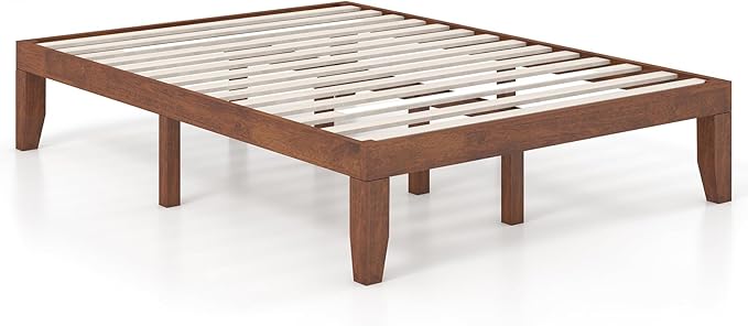 KOMFOTT 14 Inches Wood Platform Bed Frame Full Size, Wooden Mattress Foundation with Rubber Wood Frame, Strong Wooden Slat Support, No Box Spring Needed, Bed Frame (Brown Cherry)