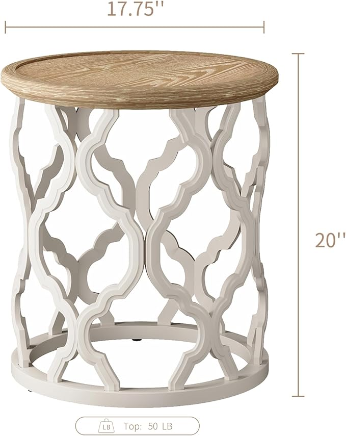 karlott Farmhouse End Table, 18.5'' French Country Round Side Table, Distressed Tray Top Side Table with Curved Motif Frame Base for Boho, End Tables Living Room, Bedroom, Small Space, Easy Assembly