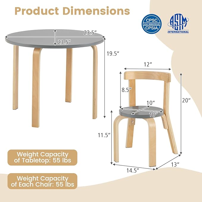 HONEY JOY Kids Table and Chair Set, Bentwood Toddler Round Table and 4 Chairs for Craft Art, Building Block, 5-Piece Children Furniture Set for Daycare, Kindergarten, Playroom (Gray)