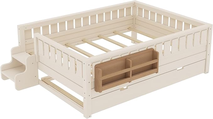 Bellemave Full Bed with Trundle and Stairs, Full Size Platform Bed Frame with Fence and Bookshelf, Easy Assemble Beds for Kids, Girls, Boys, Beige