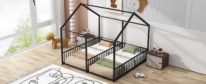 Harper & Bright Designs Metal Twin Size House Platform Bed Frame for Boys Girls Kids Adults Toddler, Two Shared Beds, Black