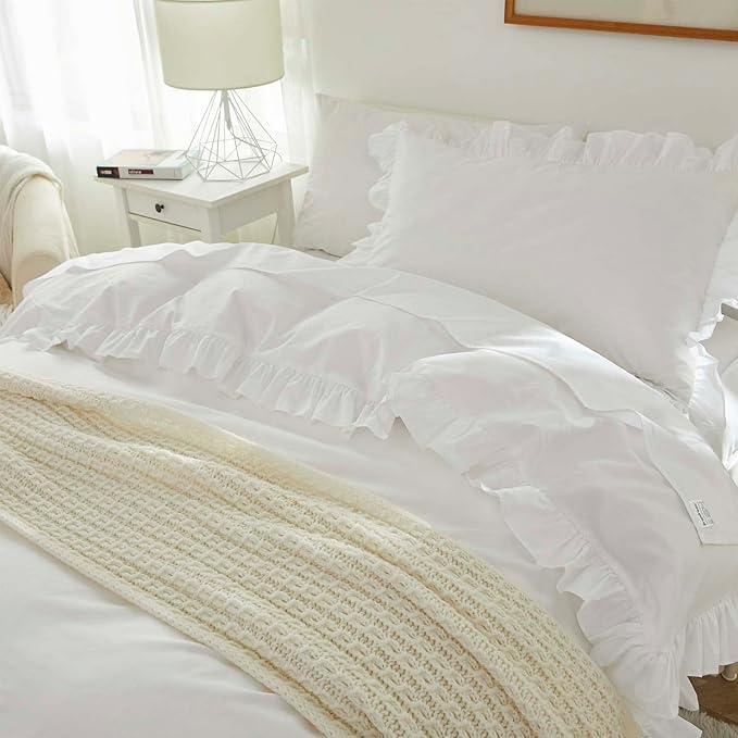 Brandream Kid's Duvet Cover Twin/Twin XL Size,100% Organic Cotton 2pcs Girl Bedding Duvet Cover Set, Ruffled Fringe Solid Color Soft Breathable with Zipper Closure & Corner Ties(White)