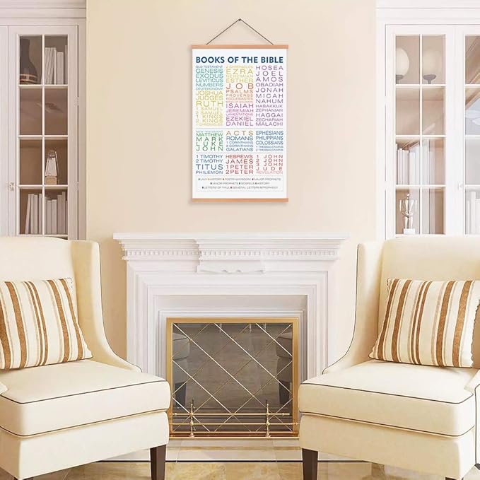 Book Of The Bible Art Print With Wood Magnetic Poster Hanger,Framed Watercolor Christian Scripture Hanging Wall Art 40X64CM Sunday School Educational Canvas Painting For Kids Home church decor