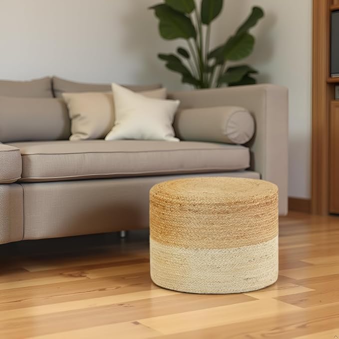REDEARTH · Cylindrical Pouf Foot Stool Ottoman - Jute Braided Pouffe Poof Accent Sitting Footrest for Living Room, Bedroom, Nursery, Patio, Lounge & Other Rooms (Natural Ivory, 18"X18"X14")