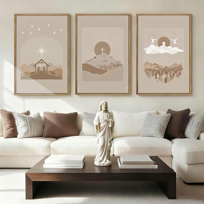 IARTTOP Extra Large Jesus Christian Framed Wall Art 24x36 Inch Set of 3 Jesus’s Nativity Crucifixion Resurrection Canvas Wall Decor Grey Brown Bible Verse Artwork for Church Living room Bedroom