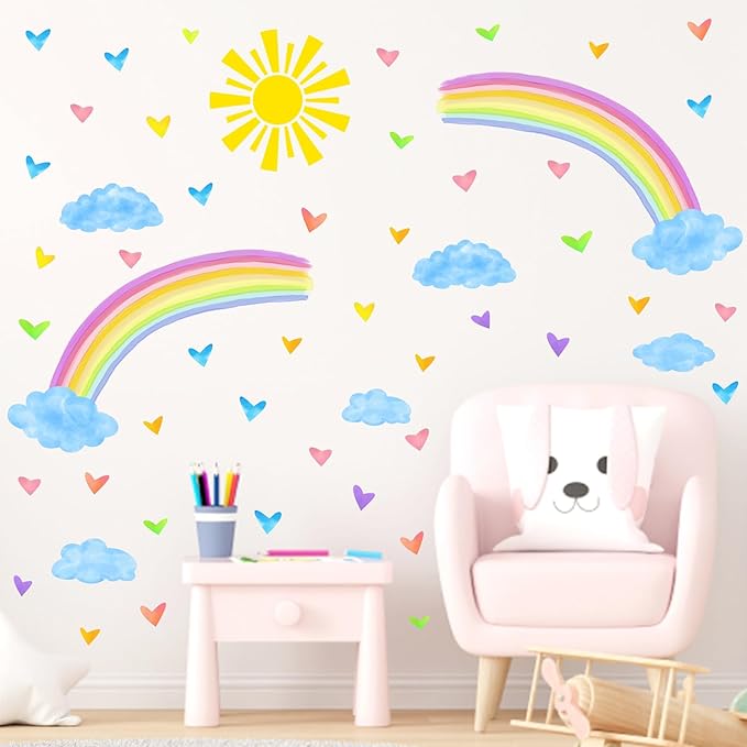 Colorful Rainbow Wall Stickers Watercolor Sun Clouds Wall Decals Cute Hearts Stickers for Girls Removable Peel and Stick Large Rainbow Decals for Girls Kids Room Nursery Classroom Decor