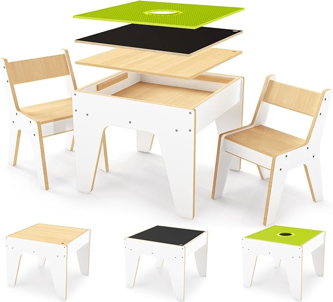 wingyz Kids Table and Chair Set for Study,Building,Art,Dining 4 in 1,Toddler Activity Table with Storage for Big/Small Blocks Construction,Wooden Sensory Play Desk with Chalkboard,Boy Girls Gifts