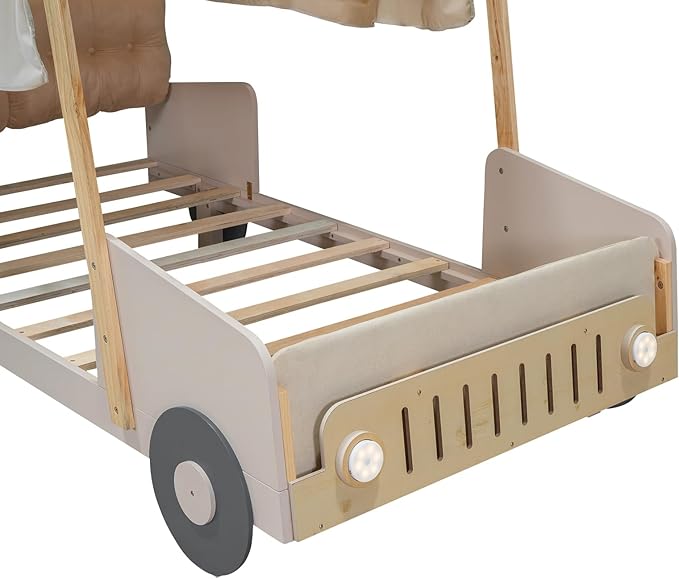 Twin Size Classic Car-Shaped Platform Bed with Wheels and Ceiling Cloth, Solid Wood Low Bed Frame with Pillow and LED Lights, Cute Floor Bed for Kids Boy Girls