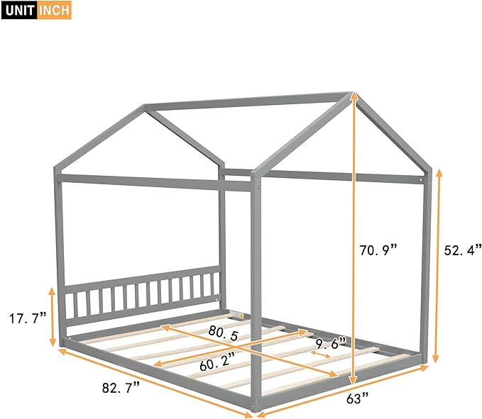Queen Size Wooden House Bed with Headboard,Bedroom Platform Bed Frame W/ No Box Spring Required,Easy to Assemble/Clean,for Kids Teens Girls Boys,Gray