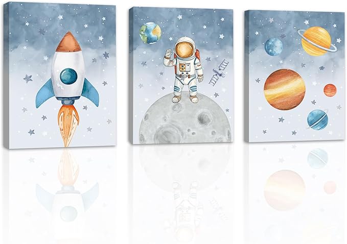 KAlRNE Outer Space Nursery Canvas,Astronaut Wall Art,Planet Wall Decor,Rocket Art Prints,Set of 3(12X16 Inch,Framed) Explore Dream Galaxy Painting for Boys Space Nursery Bedroom Playroom Decor