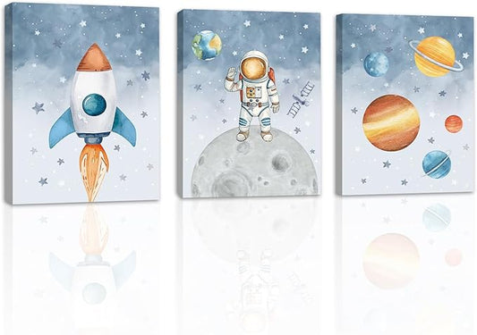 KAlRNE Outer Space Nursery Canvas,Astronaut Wall Art,Planet Wall Decor,Rocket Art Prints,Set of 3(12X16 Inch,Framed) Explore Dream Galaxy Painting for Boys Space Nursery Bedroom Playroom Decor
