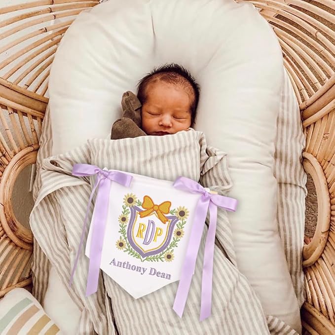 Embroidered Baby Name Sign with Bows Personalized Baby Announcement Sign Newborn Baby Banner Baby Hospital Name Sign Canvas Hanging Pennant Flag Custom Infant Baby Name Baby Shower Banner (14)