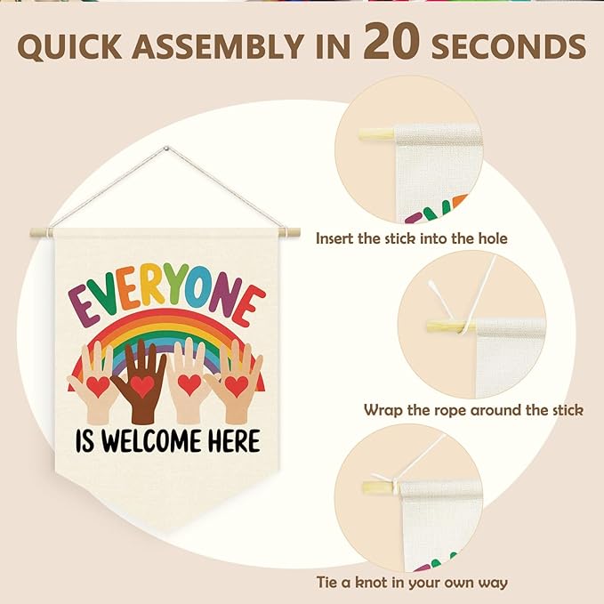 Classroom Door Wall Decorations, Inspirational Diversity Linen Canvas Banner, Everyone Is Welcome Inclusive Equality Wall Hanging Pennant Flag Banner, School Counselor Office Must Haves, 15x11in