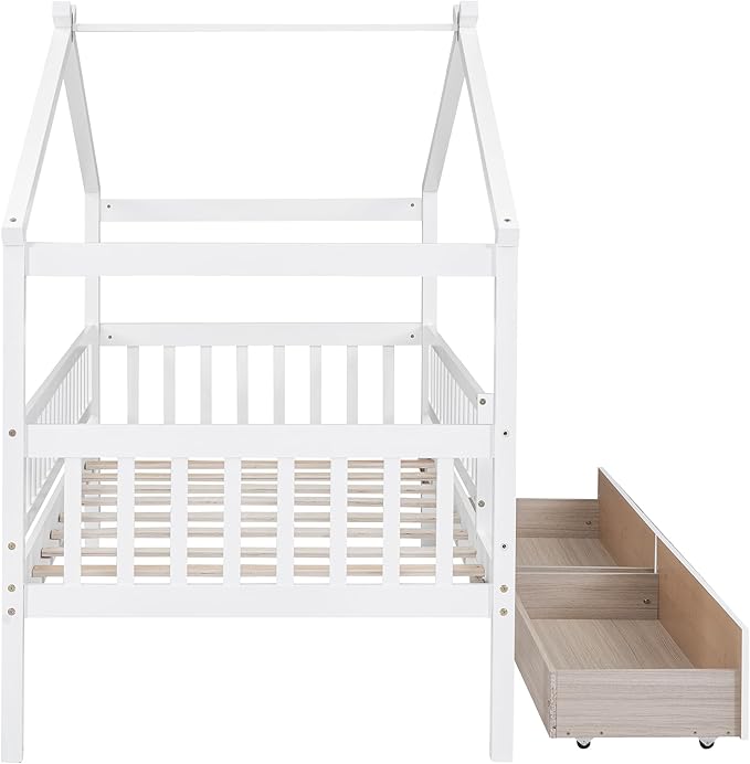 Merax Twin Size Wooden House Bed with Two Drawers, Wood Bed Frame with Roof and Safety Guardrail for Kids, Teens, Boys or Girls, White