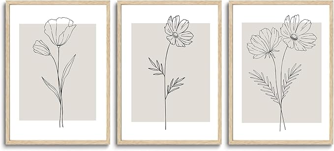 CHMMART 3 Piece Neutral Flower Framed Wall Art Beige Minimalist Floral Canvas Art Prints Boho Botanical Line Pictures Wall Decor Artwork Painting for Living Room Bedroom Office 12x16in