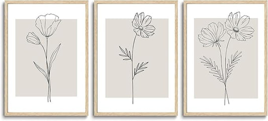 CHMMART 3 Piece Neutral Flower Framed Wall Art Beige Minimalist Floral Canvas Art Prints Boho Botanical Line Pictures Wall Decor Artwork Painting for Living Room Bedroom Office 16x20in