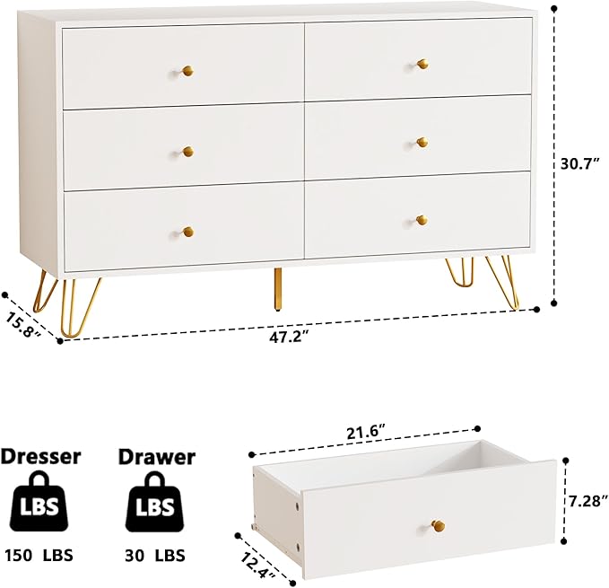 White Dresser for Bedroom, 6 Drawer Dresser with Golden Handles, Large Storage Cabinet, Modern Chest of Drawers Organizer Storage for Hallyway, Entryway