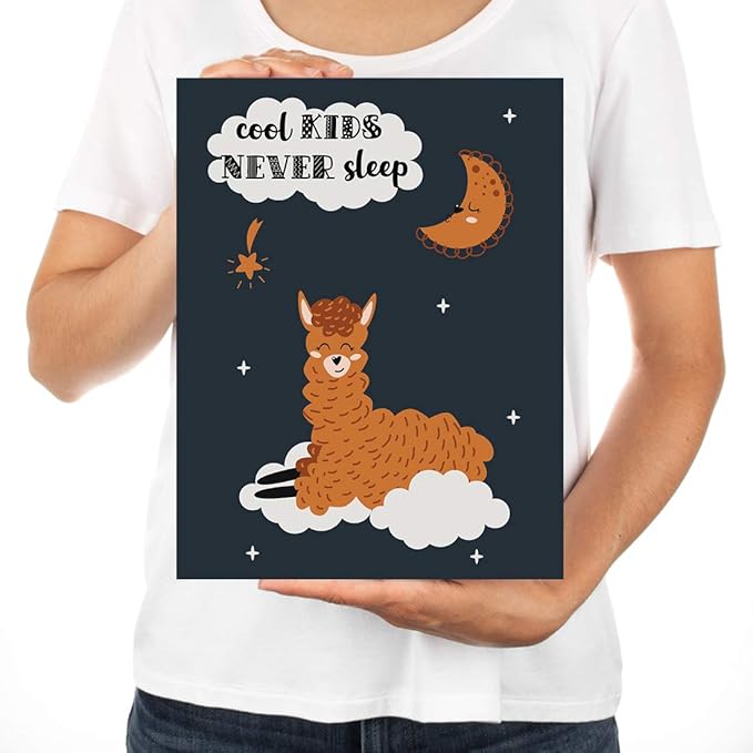 Andaz Press Nursery Kids Room Scandinavian Hello Llama Wall Art Decor Poster Prints, 8.5 x 11-inch, Scandinavian Cool Kids Never Sleep Llama Graphic, 1-Pack, Unframed