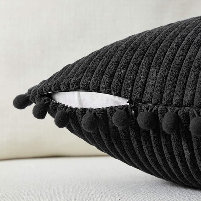 Fancy Homi Pack of 2 Black Boho Decorative Throw Pillow Covers with Pom-poms 26x26 Inch, Soft Corduroy Solid Square Cushion Cases for Couch Sofa Bedroom Living Room (26x26 Inch/66x66 Inch, Black)