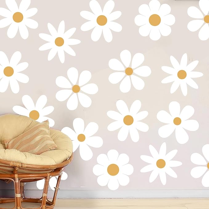 TaoBary 12 Sheets Daisy Wall Decal Flower Wall Sticker Cute Daisy Sticker Pink White Flower Decal Peel and Stick Floral Wallpaper for Nursery Bedroom Home Decor(White, Yellow,Novelty Style)