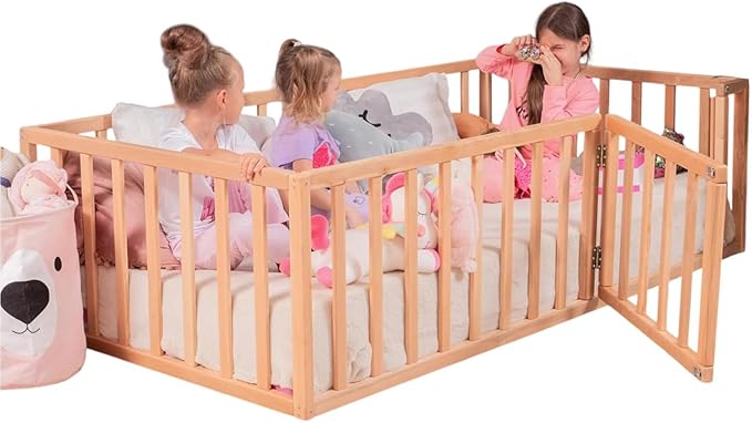 Toddler Bed Frame with 21.7" High Railings, Made in Europe from Alder Wood, 7 Colors Customizable Montessori Floor Bed, Kids Twin Bed Frame Painted With Water Based Paint, 5 sizes Kids Beds (Model 19)