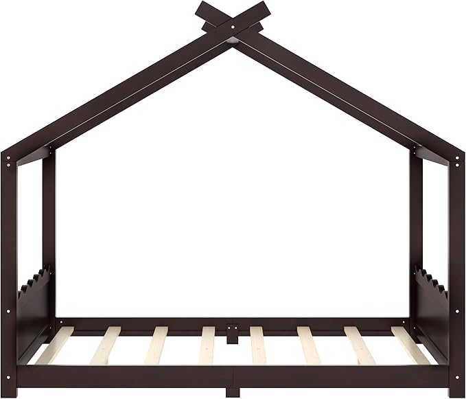 Full Size Wooden House Floor Bed - Kids Bed Frame with Roof & Support Slats for Bedroom, No Box Spring Needed, Easy Assembly (Espresso)