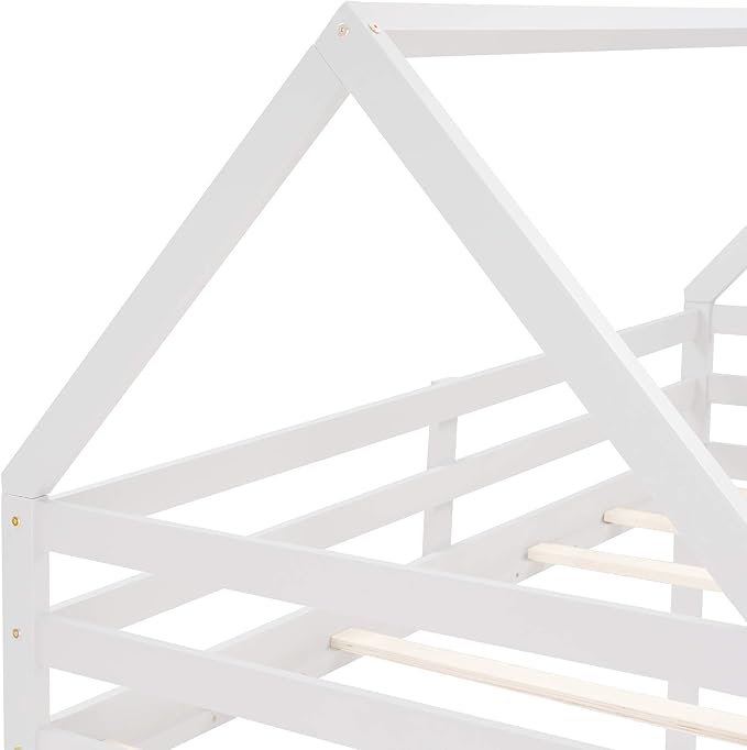 MERITLINE House Shaped Bunk Bed Twin Over Twin Size Wood Bunk Bed Frame Low Bunk Beds for Kids and Toddlers, Twin Size,White