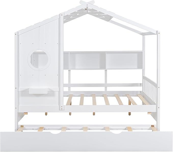 Harper & Bright Designs Kids Full Size House Bed with Trundle & Storage Shelf, Wood Full Size Platform Bed Frame with Roof, House Bed for Boys, Girls, White