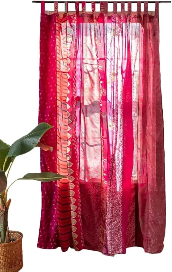 YILLE Boho Silk Sari Curtain Panel,1 Piece Vintage Handmade Lightweight Recycled Indian Silk Saree Window Drapes for Bohemian Living Room, Aesthetic Home Décor Wall Hanging - Pink, 84 X 43 in