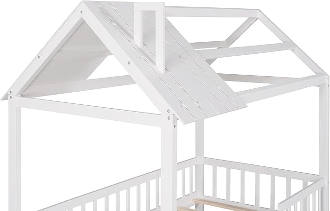 Merax Twin House Bed for Kids,Wood Twin Bed Frame House-Shaped Bed Platform Bed Frame with Roof Windows and Full-Length Safety Rails White
