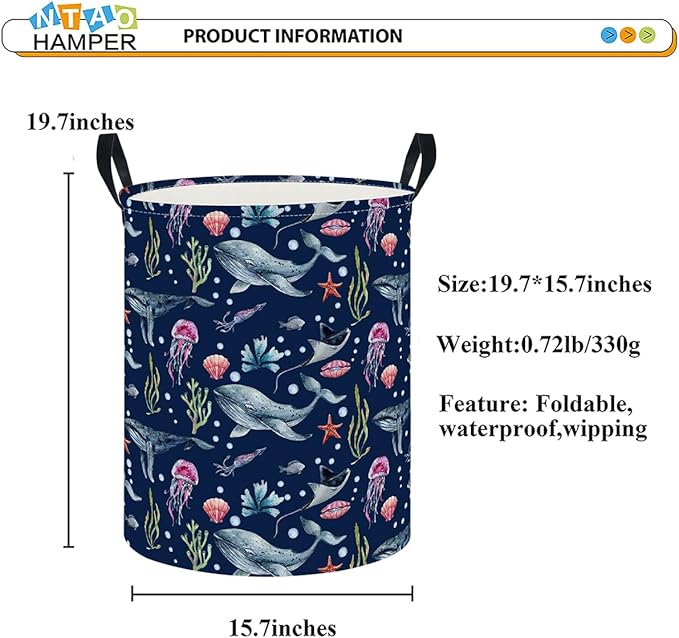 Laundry Hamper, Laundry Basket, Nursery Hamper, Waterproof Storage Bin, Clothes Organizer Basket, Room Decor(Watercolor Ocean)