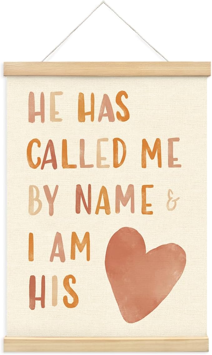 PLKMN Christian Nursery Wall Decor, He Has Called Me by Name Wall Art with Wooden Poster Hanger, Boho Heart Christian Wall Decor for Nursery Kids Room Sunday School Preschool Classroom, 12x16 Inch