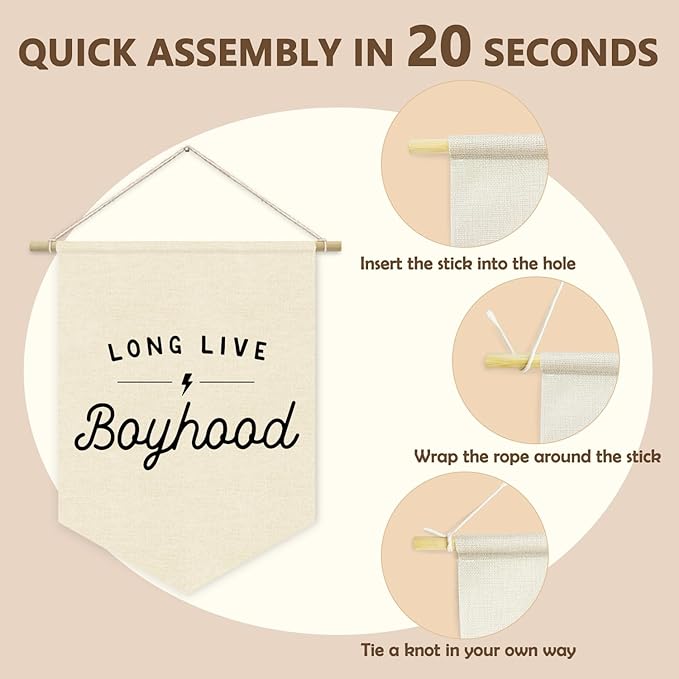 Boys Room Decor, Long Live Boyhood Linen Canvas Banner, Minimalist Boy Nursery Wall Hanging Pennant Flag Banner for Boys Kids Toddler Room Bedroom Playroom Decor, 15x11in