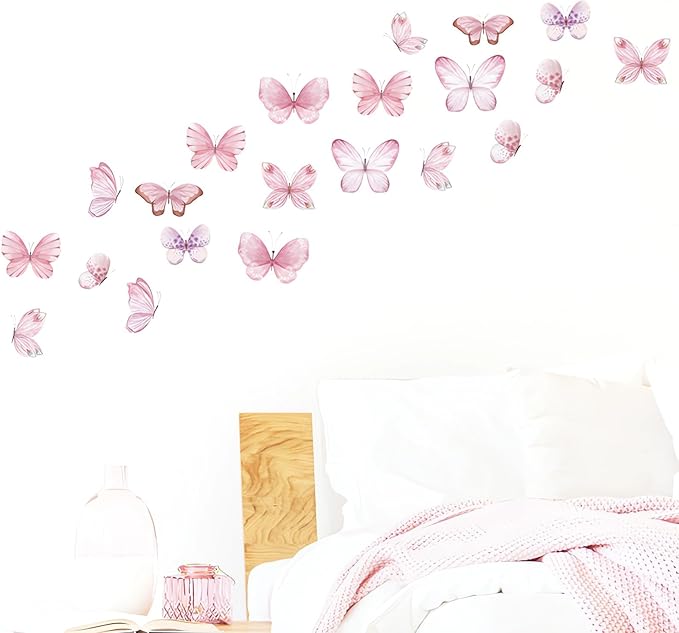 6 Sheets 36 Pcs Pink Butterfly Wall Stickers, sacinora DIY Watercolor Art Wall Decals Removable Vinyl Peel and Stick for Kids Baby Nursery Living Room Bedroom Playroom Sofa TV Background Decorations