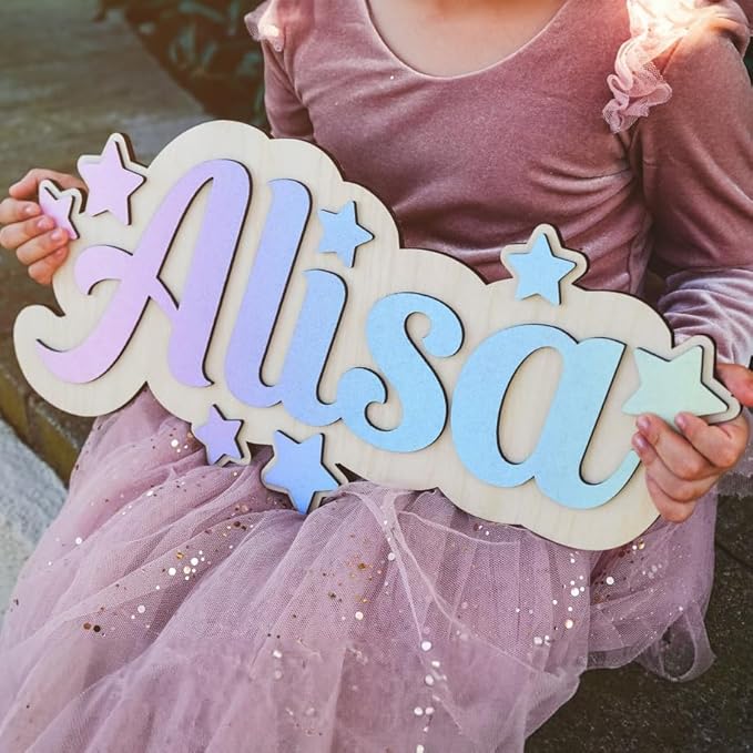 Wooden name sign (3D stars) - Colorful 3D wooden name sign with stars - Cute wooden sign with custom name, Personalized letters with star, Baby shower sign, Unicorn nursery, Rainbow 3D name sign, Girl